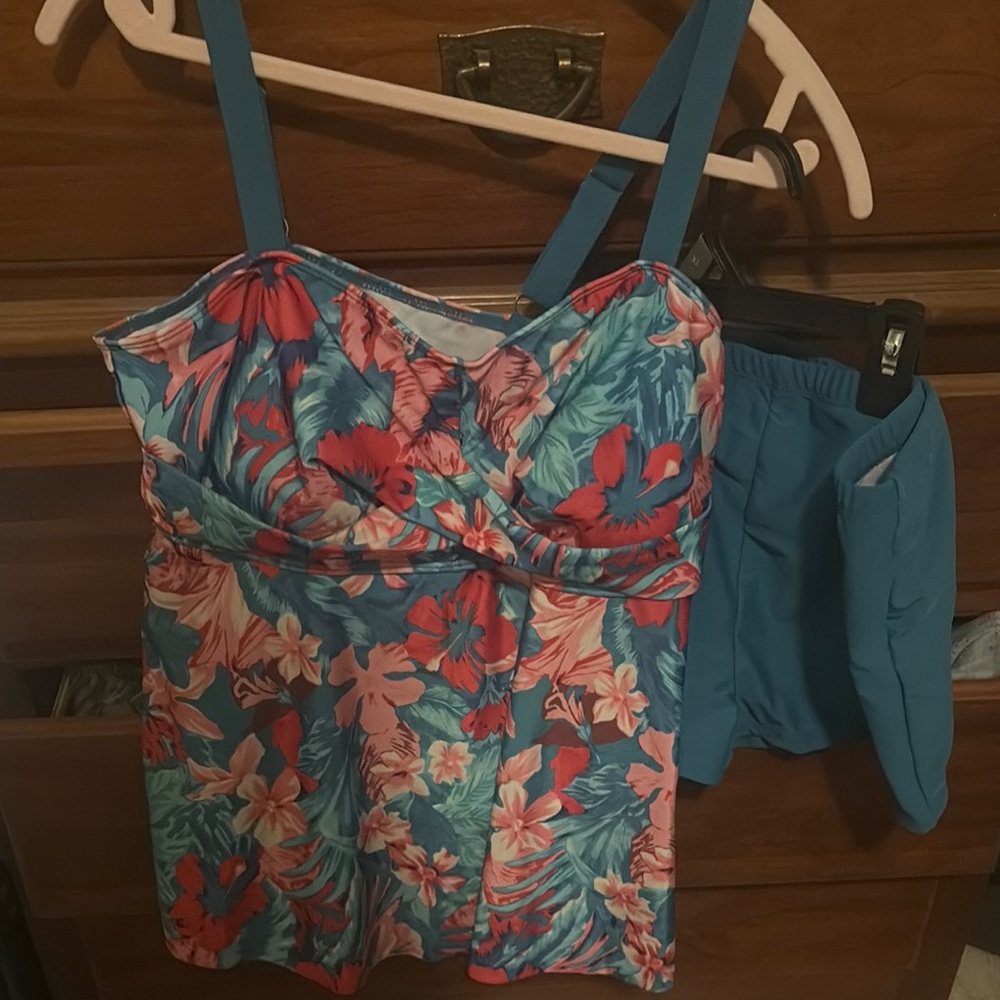 Floral Print Swimsuit Top and Blue Bottoms